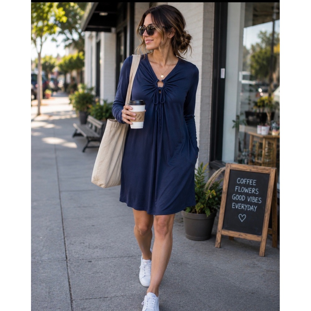 Loveappella Women Mini Dress M‎ Navy Tie Keyhole Jersey Minimalist Modern NEW
